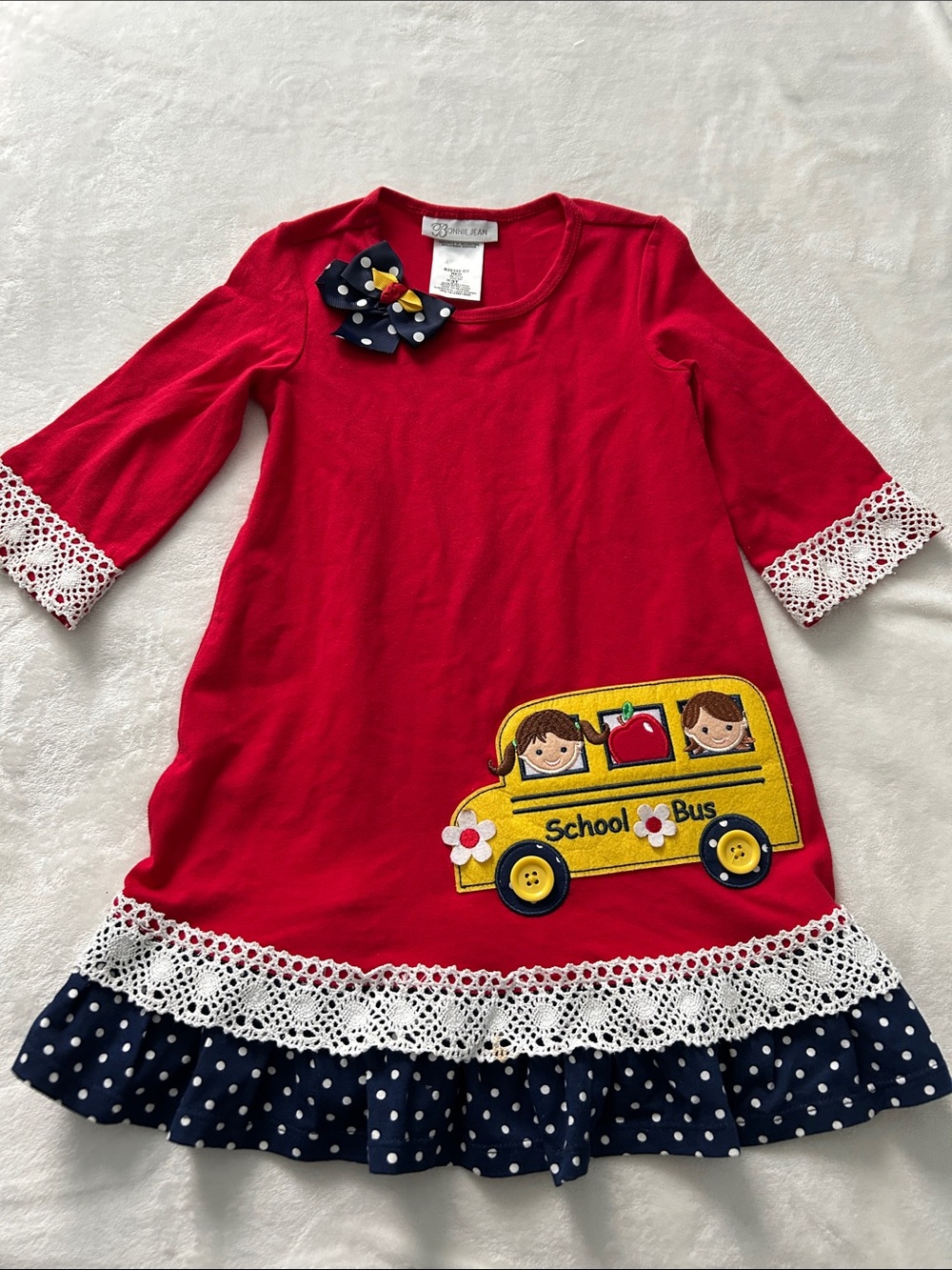 Bonnie Jean Red Dress with Yellow School Bus Appliqué